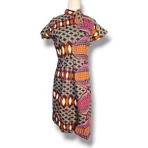 Debbo Dakar Ankara Print Dress Abstract Colorful Lantern Motif Mandarin Collar